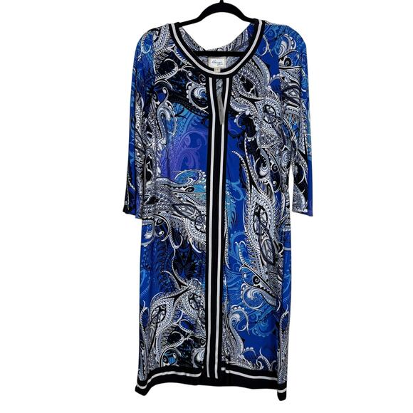 NWT Beige by ECI Blue & Black Paisley print stretch 3/4 sleeve dress Size 10 - Picture 2 of 8